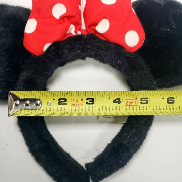 VTG Disney Parks Furry Black Minnie Ears Headband Red White Polka Dot Puffy Bow - Picture 7 of 7
